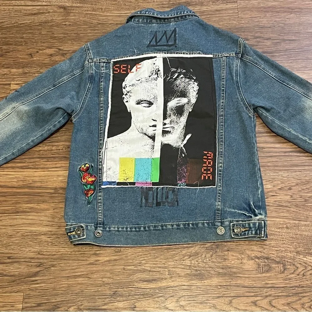 NWT Brooklyn Cloth Artistic Denim Jacket with Colorful Patches Streetwear Size S